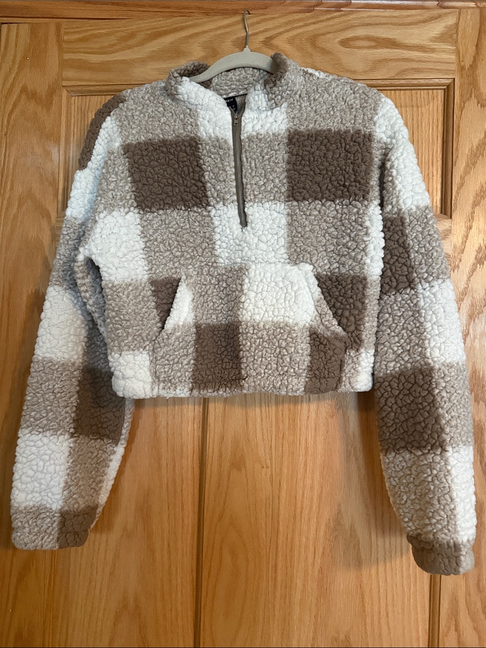 SHEIN Cream & Tan Check Sherpa Half-Zip Pullover